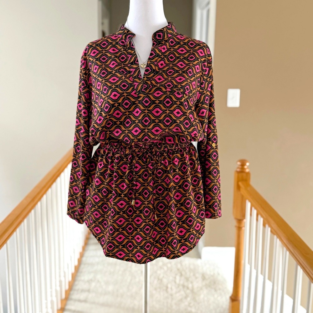 Mileage Womens 1X Geometric‎ Print Tunic Top Pink Brown Black Elastic Waist